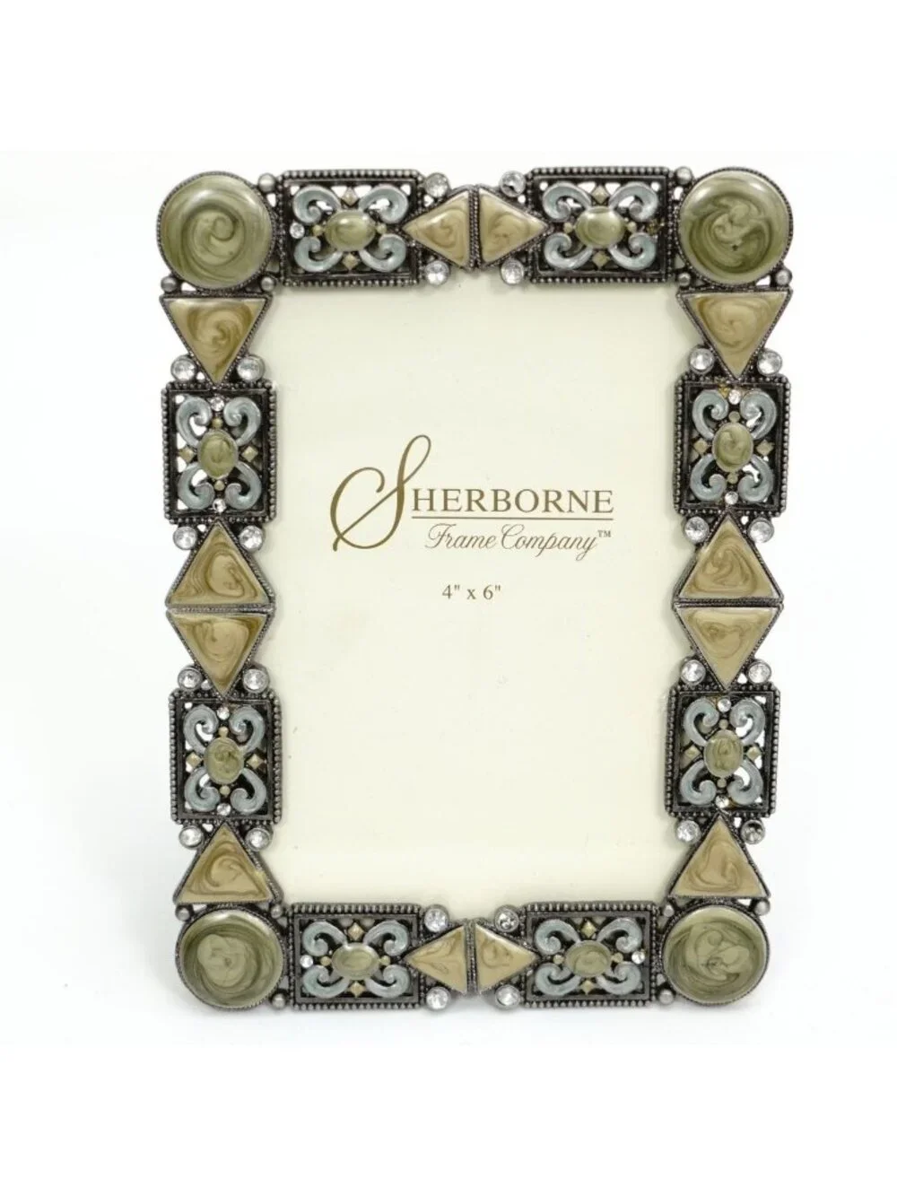 Sherborne Ornate Enamel Frame 4x6 Metal Silver Finish Green Celtic Deco Style